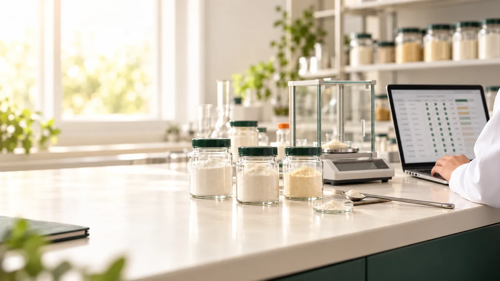 Food technology laboratory bench with jars of infant formula powders, a precision balance and a laptop showing a compliance table