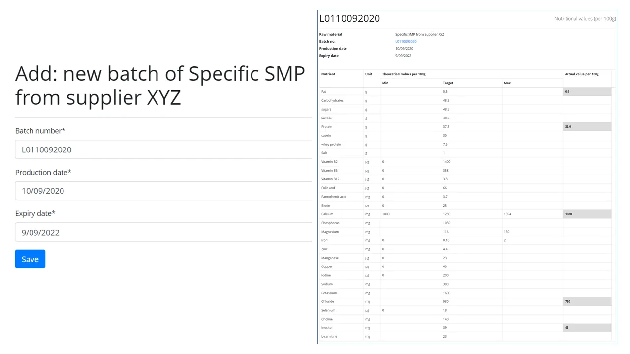 RecipeMaster Cloud screenshot: Input information on raw materials' batches