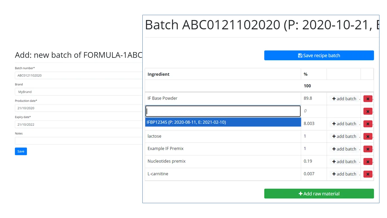 RecipeMaster Cloud screenshot: Define product batch