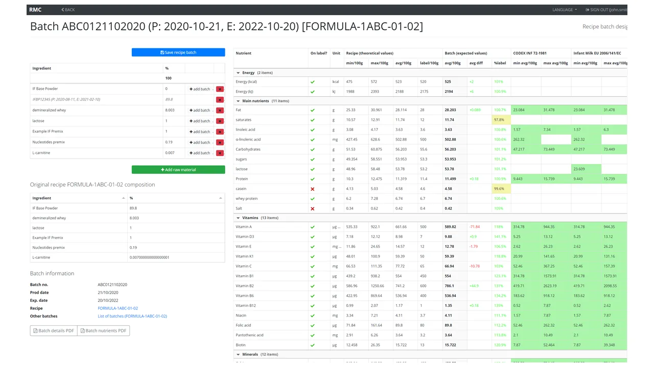 RecipeMaster Cloud screenshot: Verify product batch compliance
