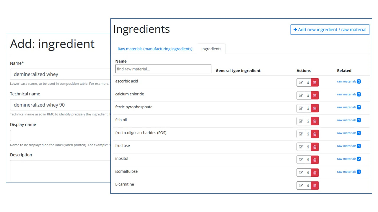 RecipeMaster Cloud screenshot: Define ingredients which will be on the labels of your products