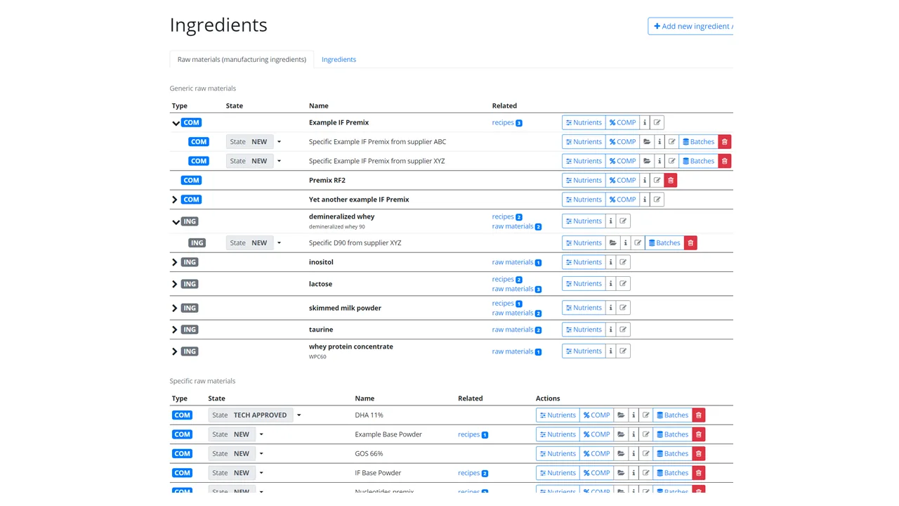 RecipeMaster Cloud screenshot: Define and input into the system all the raw materials