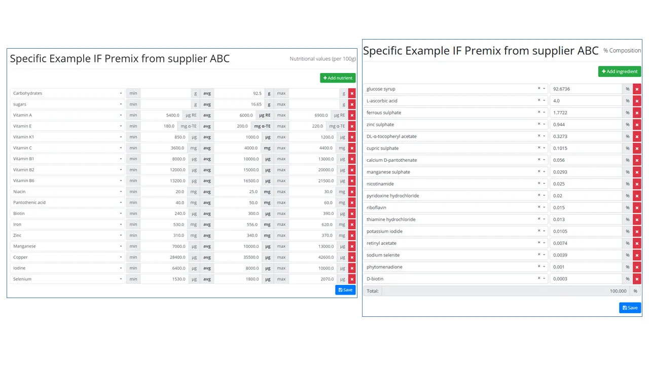 RecipeMaster Cloud screenshot: Add information about your raw materials' nutrients and their composition