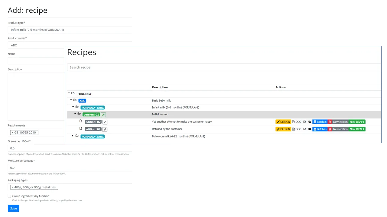 RecipeMaster Cloud screenshot: Add new recipe for your product